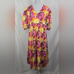 Briton Court Tiered V-Neck Puff Sleeve Boho Whimsical Summer Maxi Dress sz S